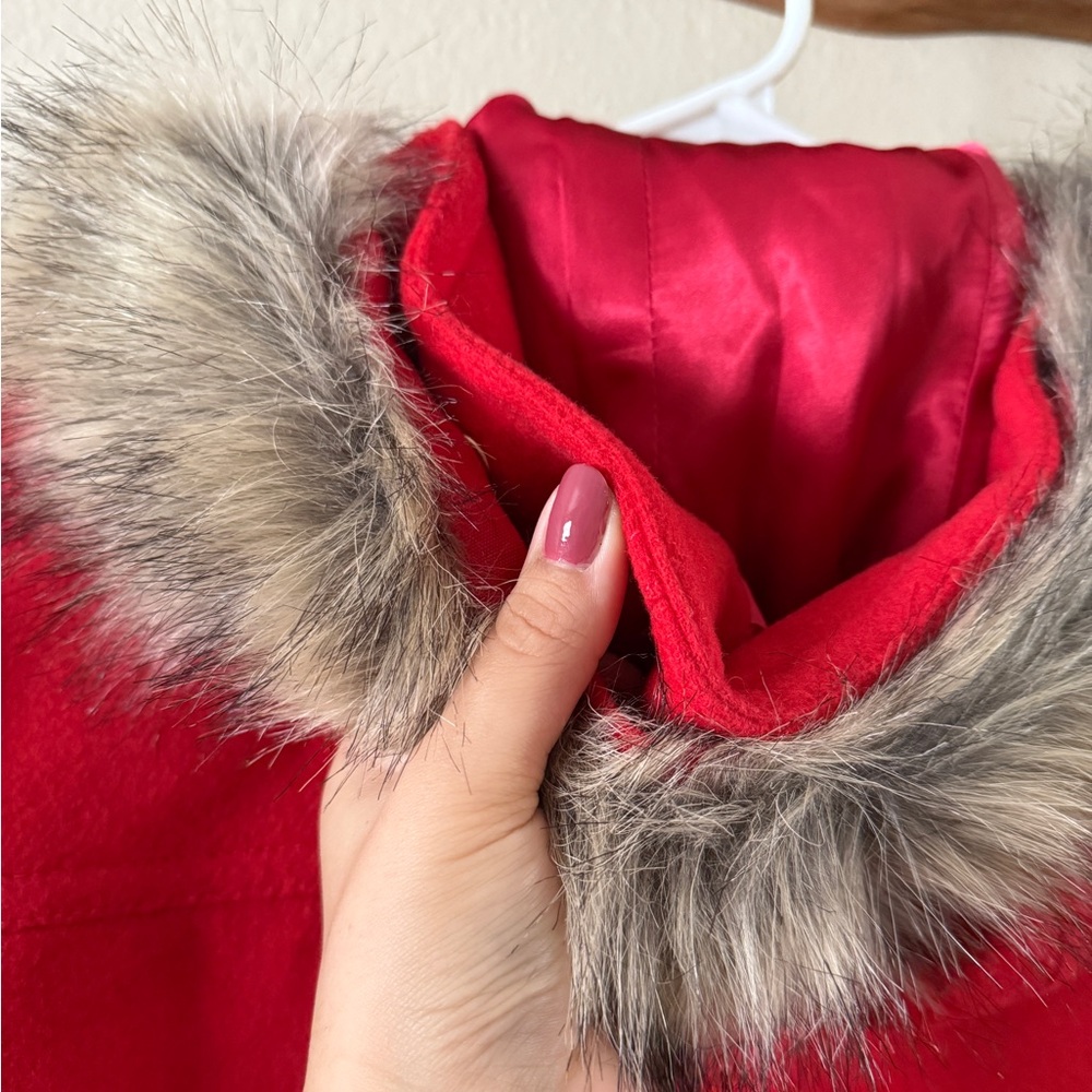 J. Crew Red Wool Blend Detachable Faux Fur Trim Hooded Parka Coat Size 4 - Picture 5 of 9